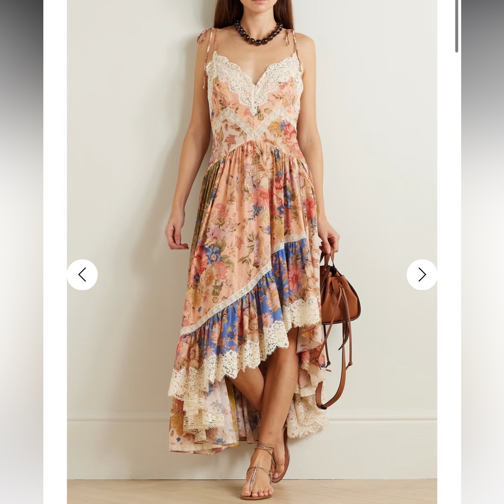 zimmermann august asymmetric lace-trimmed paisley-print silk midi dress